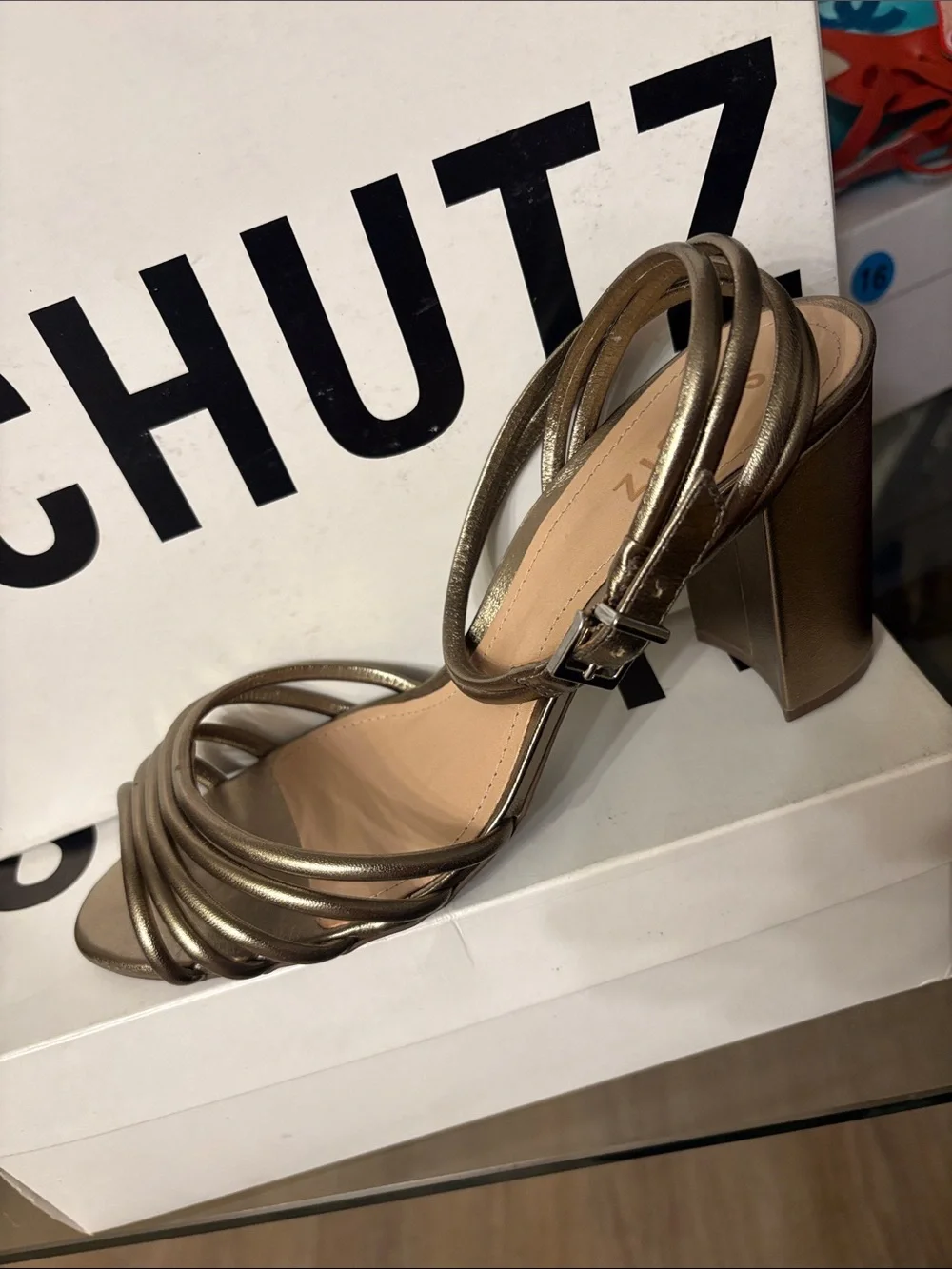 SCHUTZ Bronze Metallic Strappy Block Heel Sandals #77